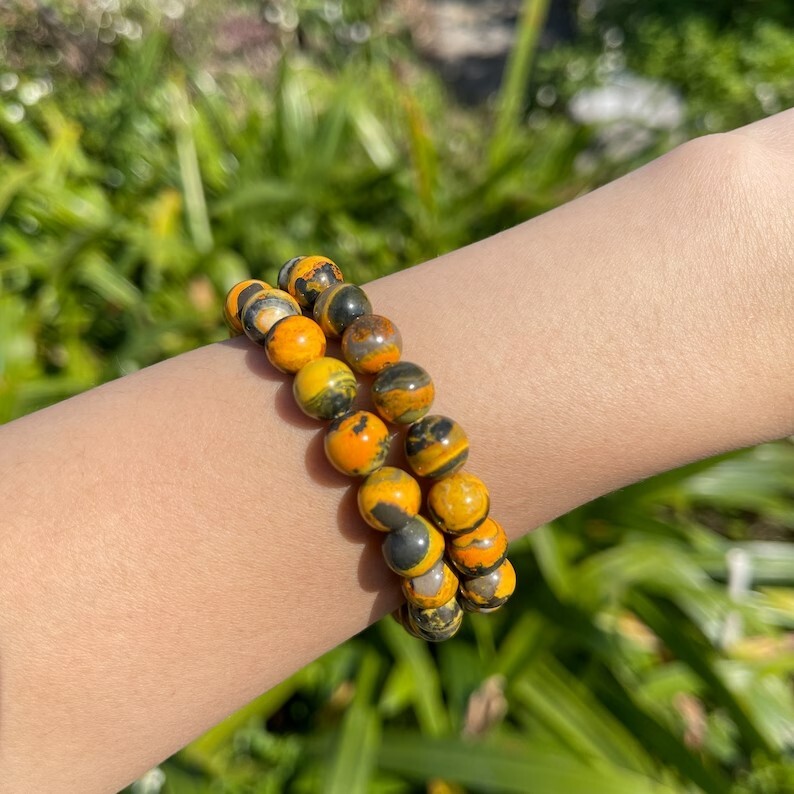 Natural Bumblebee Jasper Stone Bracelet Yellow Stone Stretch Bracelet Handmade
