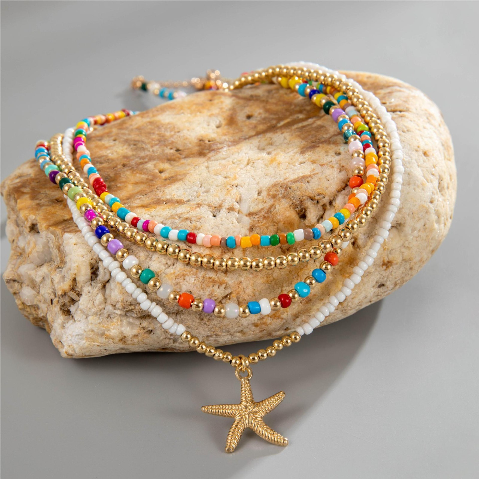 Rainbow Seed Bead Beaded Bracelet Necklace Set Seashell Starfish Beach Jewelry