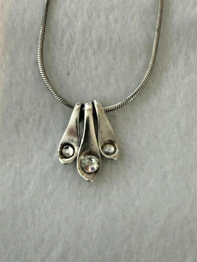 OOAK Reworked Silver-Tone Rhinestone Triple Drop Pendant Necklace 18″