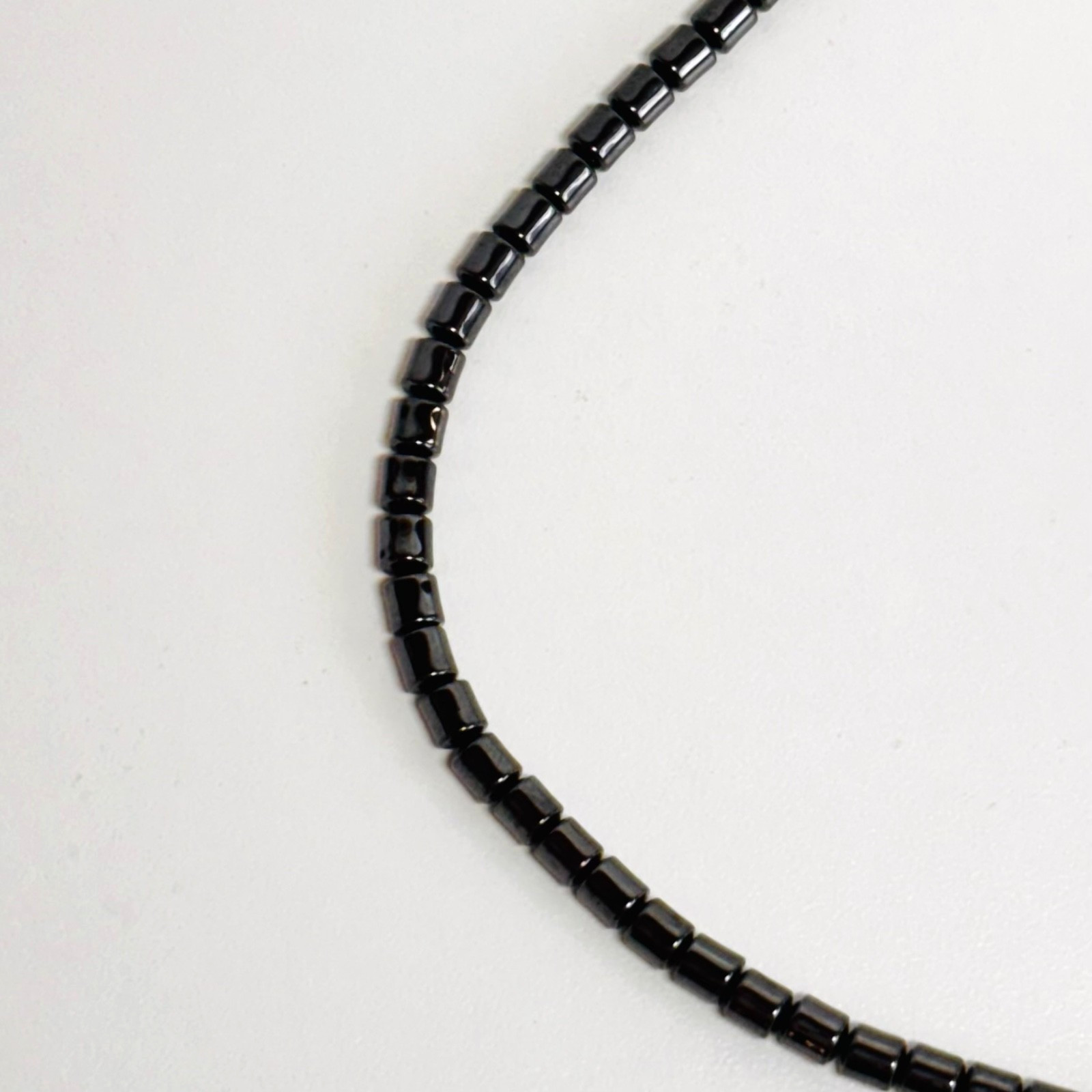 HEMATITE stone necklace teardrop pendant tube beads nylon cord barrel clasp 17″