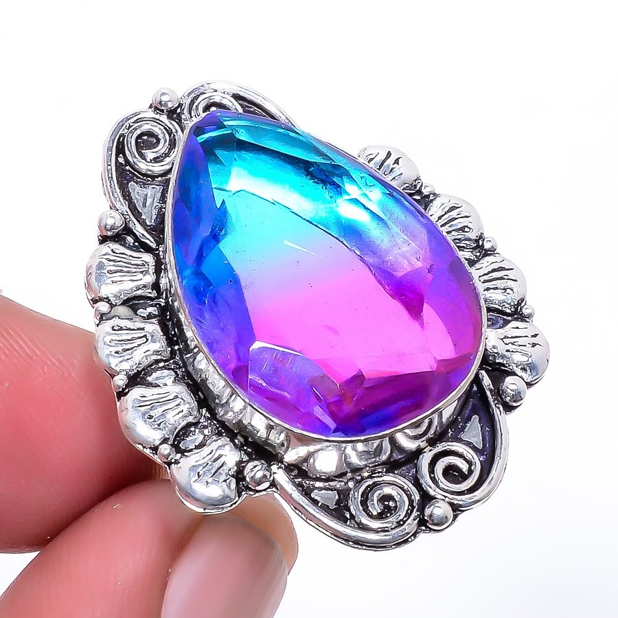 Bi-Color Tourmaline Gemstone 925 Silver Plated Ring s.6.5 M1596