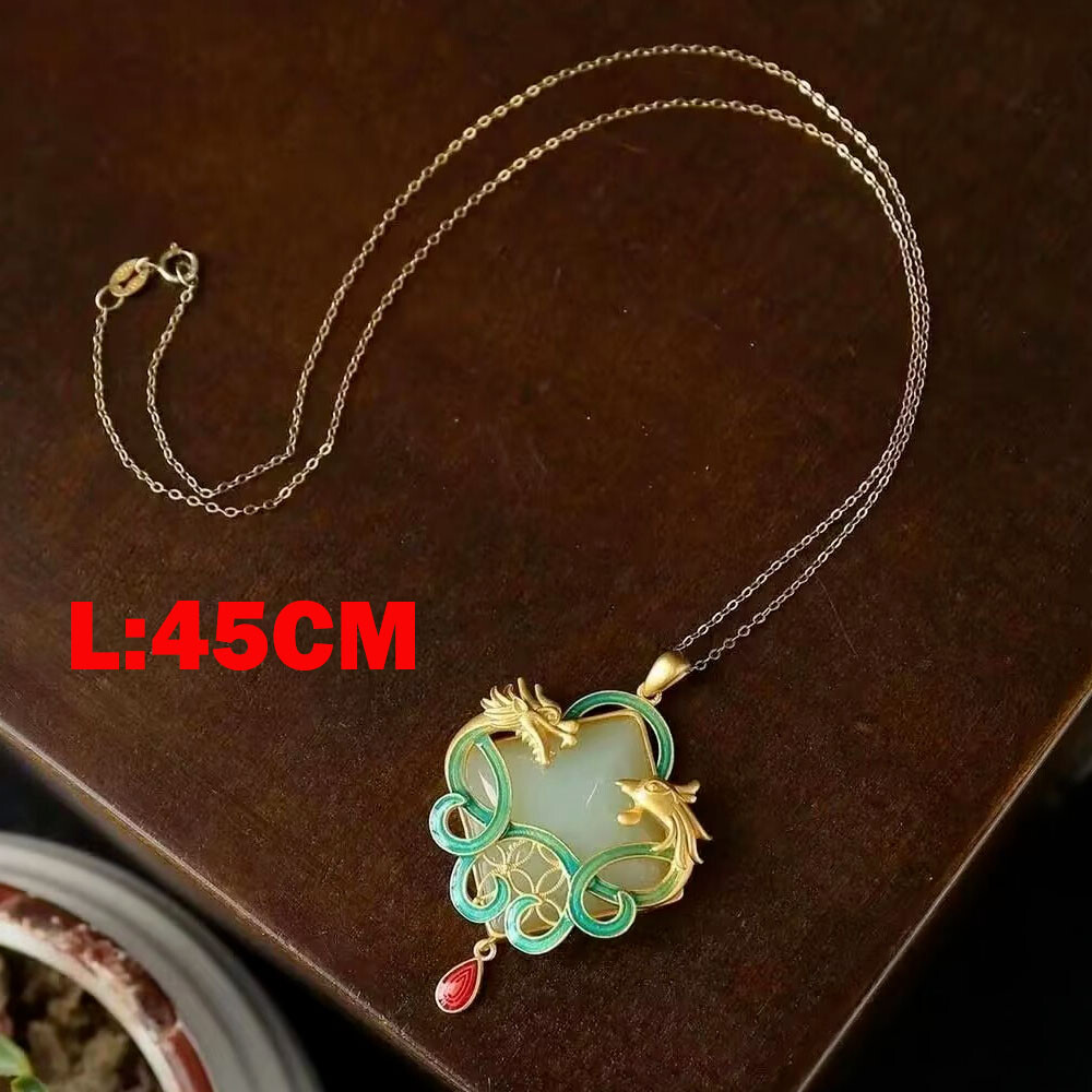 Jade Dragon Phoenix Shape Pendant Jewelry 18K Gold Plated Necklace 45CM Gift USA