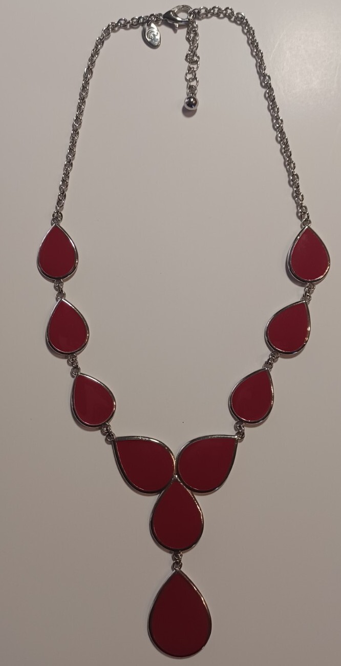 Charming Charlie Silvertone Necklace with reversible Red/Blue Enamel Discs