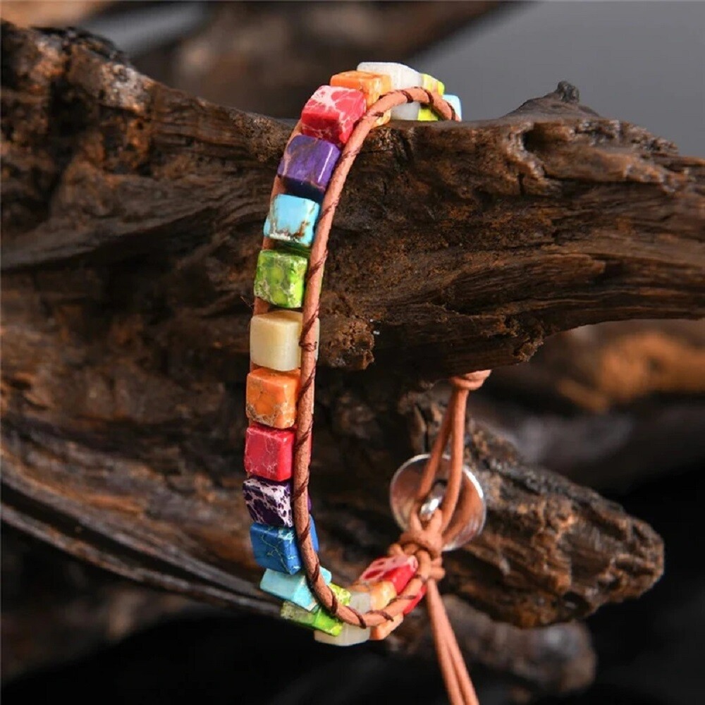 Natural Stone Cube Tube Gemstone Braided Bracelet for 7 Chakra Spiritual Healing
