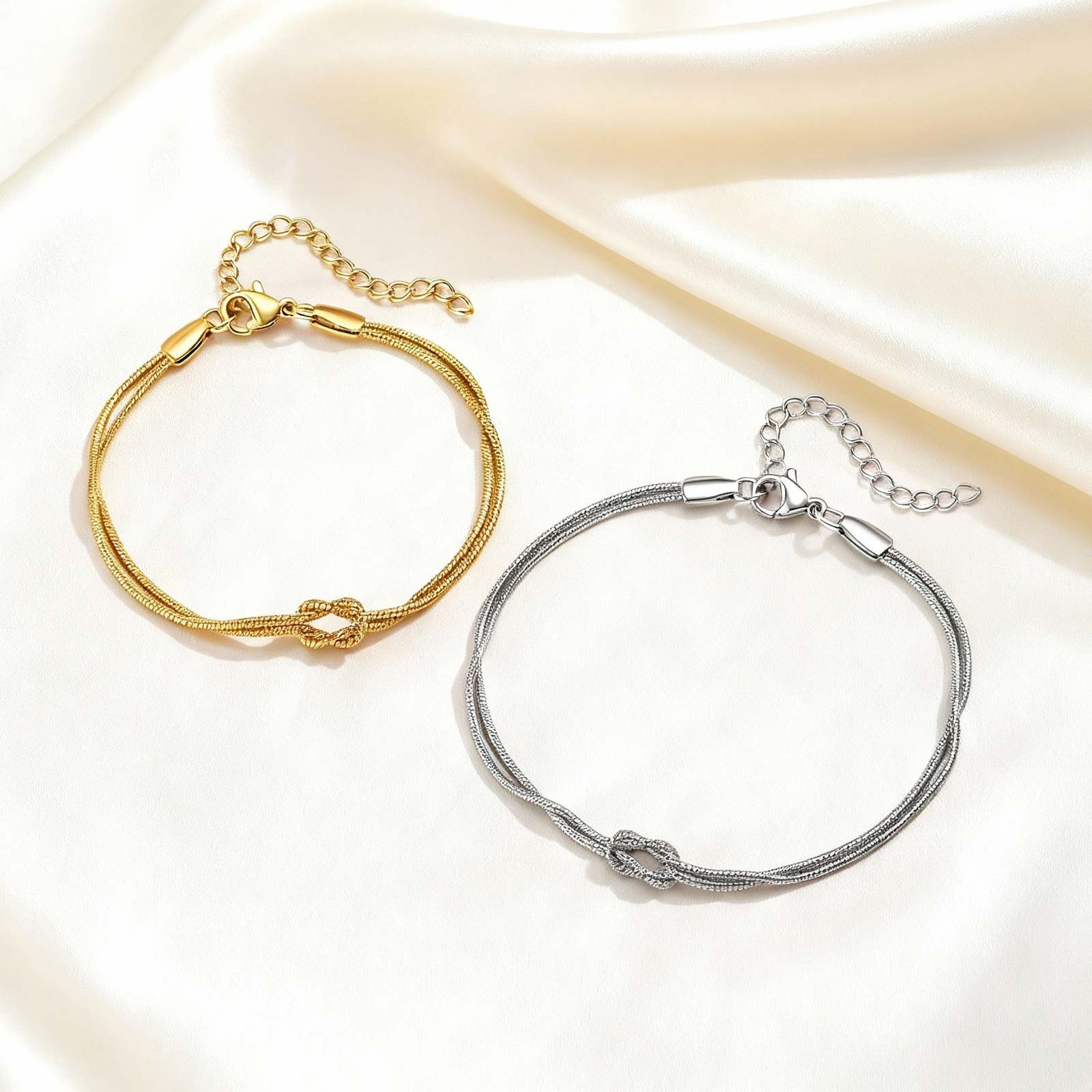 Stainless Steel Knot Double Snake Chain Adjustable Matching Bracelets Unisex