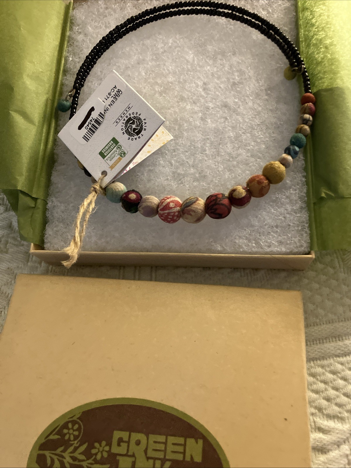 World Finds Fabric Covered Beaded Choker Strand Necklace w/ Tag 74540 Fair Trade