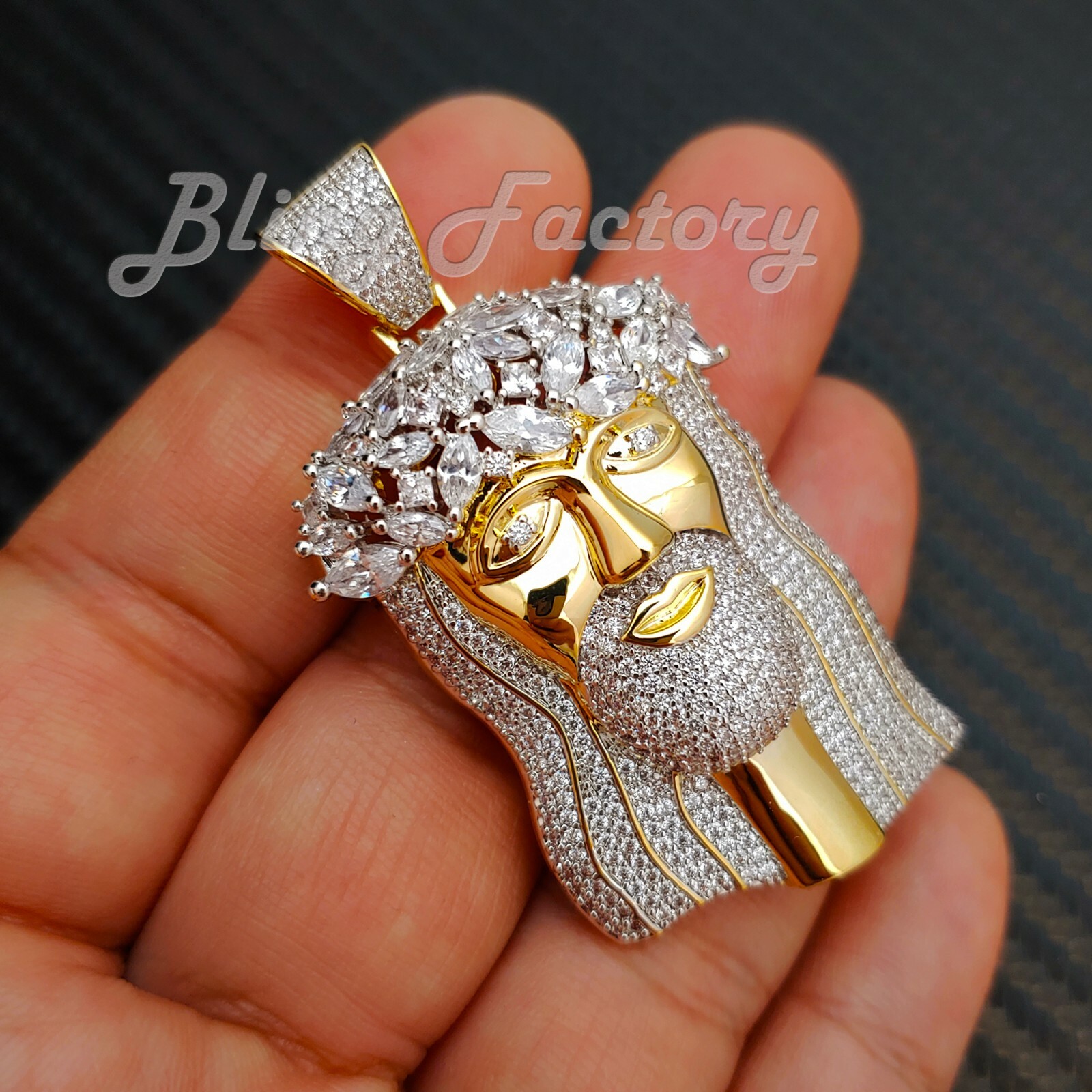 HIP HOP ICED GOLD, SILVER PT BRASS MICRO PAVE BLING JESUS HEAD CHARM PENDANT