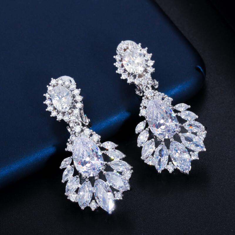 CWWZircons Gorgeous Dangle Drop Clip On Earrings CZ Women No Piercing Earring