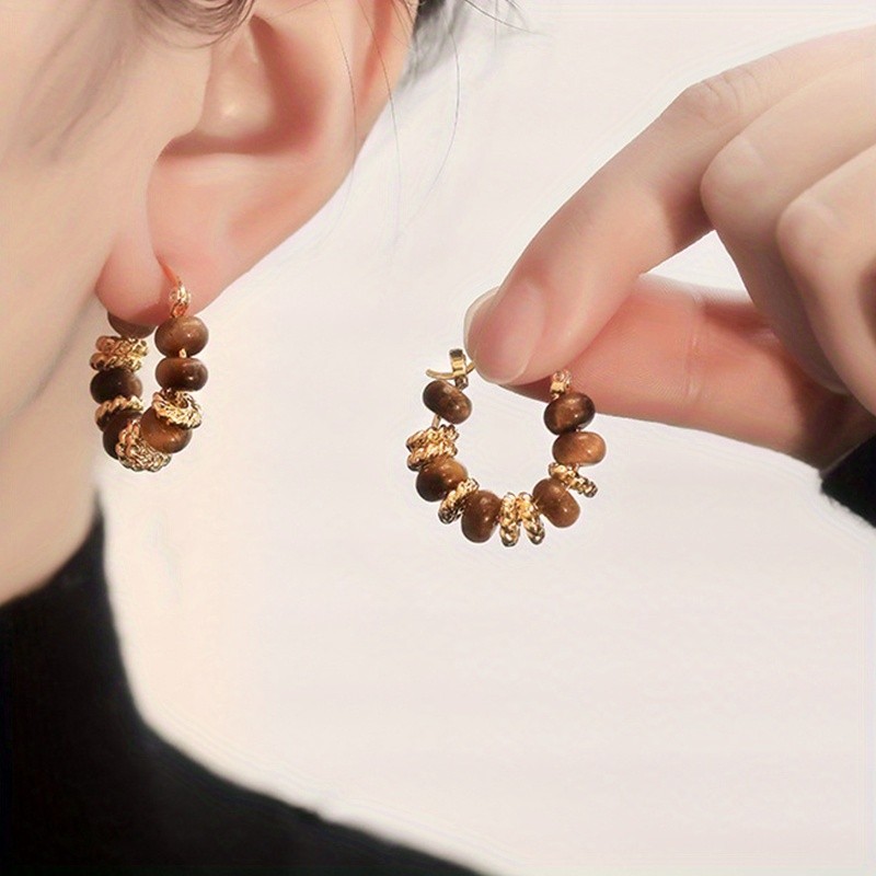 1 Pair Vintage Tiger Eye Stone Hoop Earrings Elegant Ear Clips Statement Jewelry