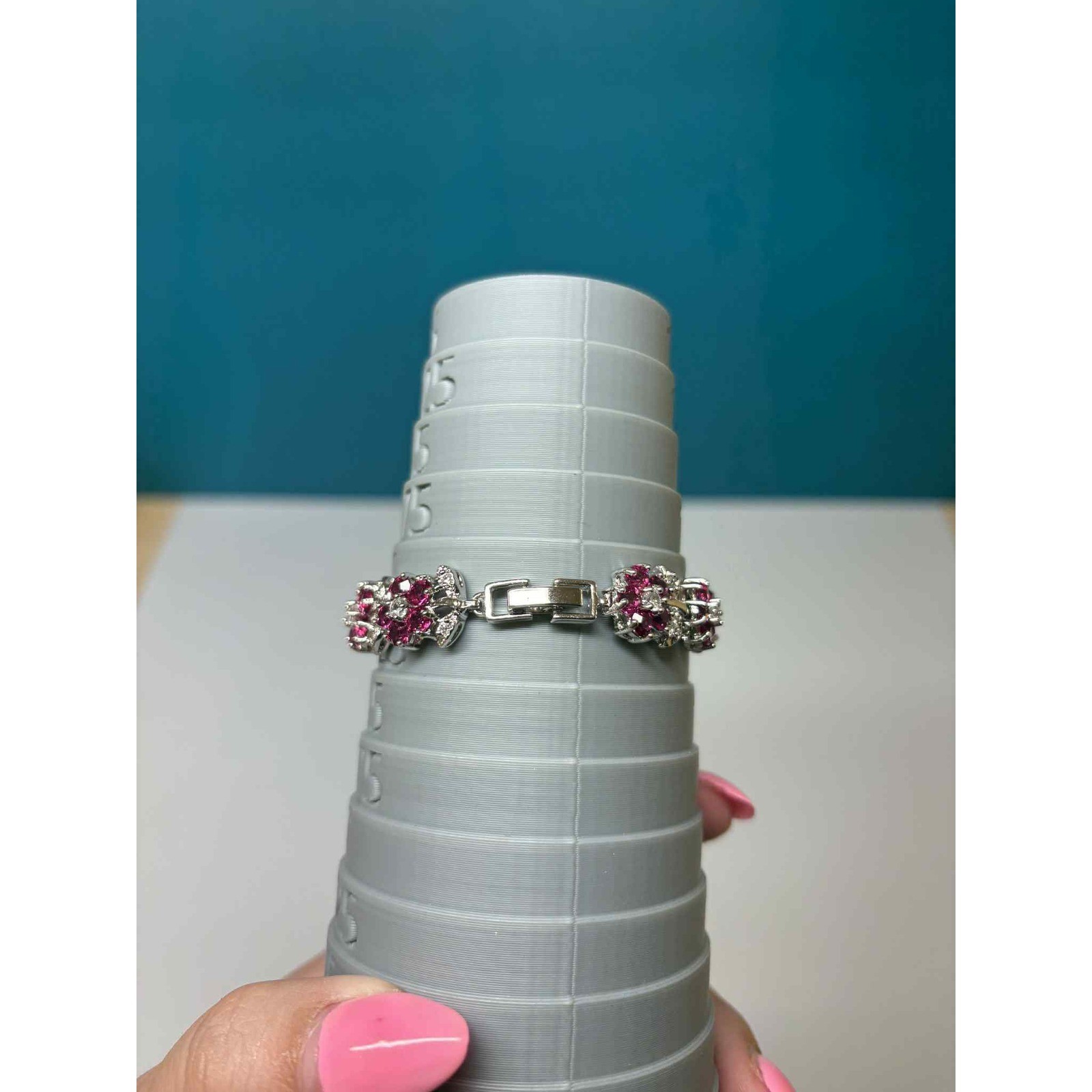 Silver Tone Pink Rhinestone Floral Link Bracelet Fold Over Clasp 6.5 Inch
