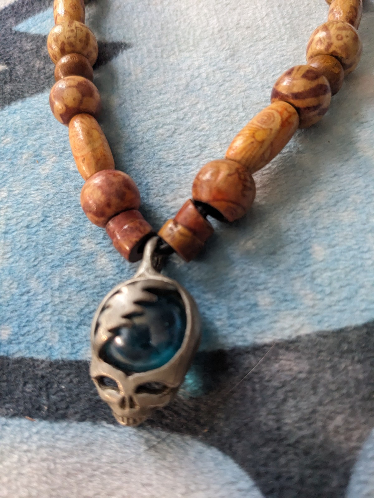 Grateful dead beaded necklace withb steal your face siver pandant with marble
