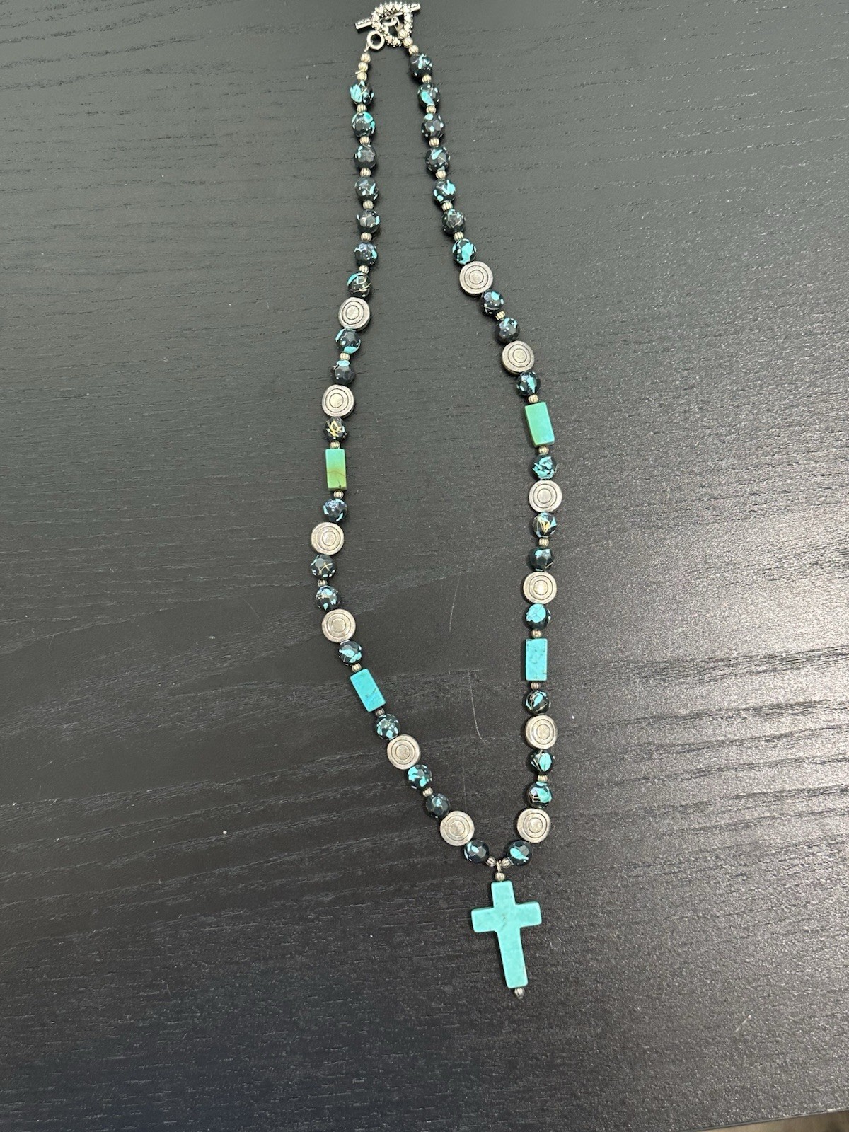 Black & Blue Beaded Necklace Cross Charm Pendant Toggle Clasp 19-24 in