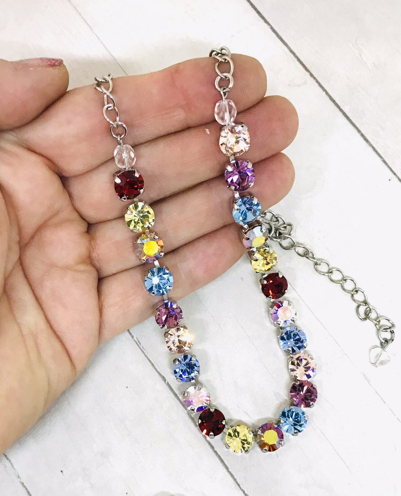 Siam Red Rainbow Cup Chain Necklace, Light Blue Crystal Rainbow Mix Necklace