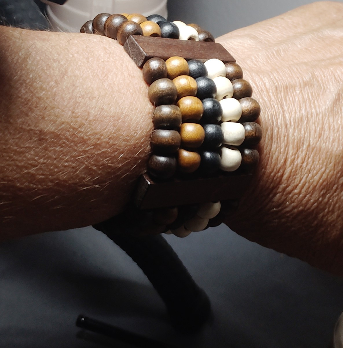 Boho Wide Multi Strand Wood Bead Stretch Bracelet Brown Black Cream