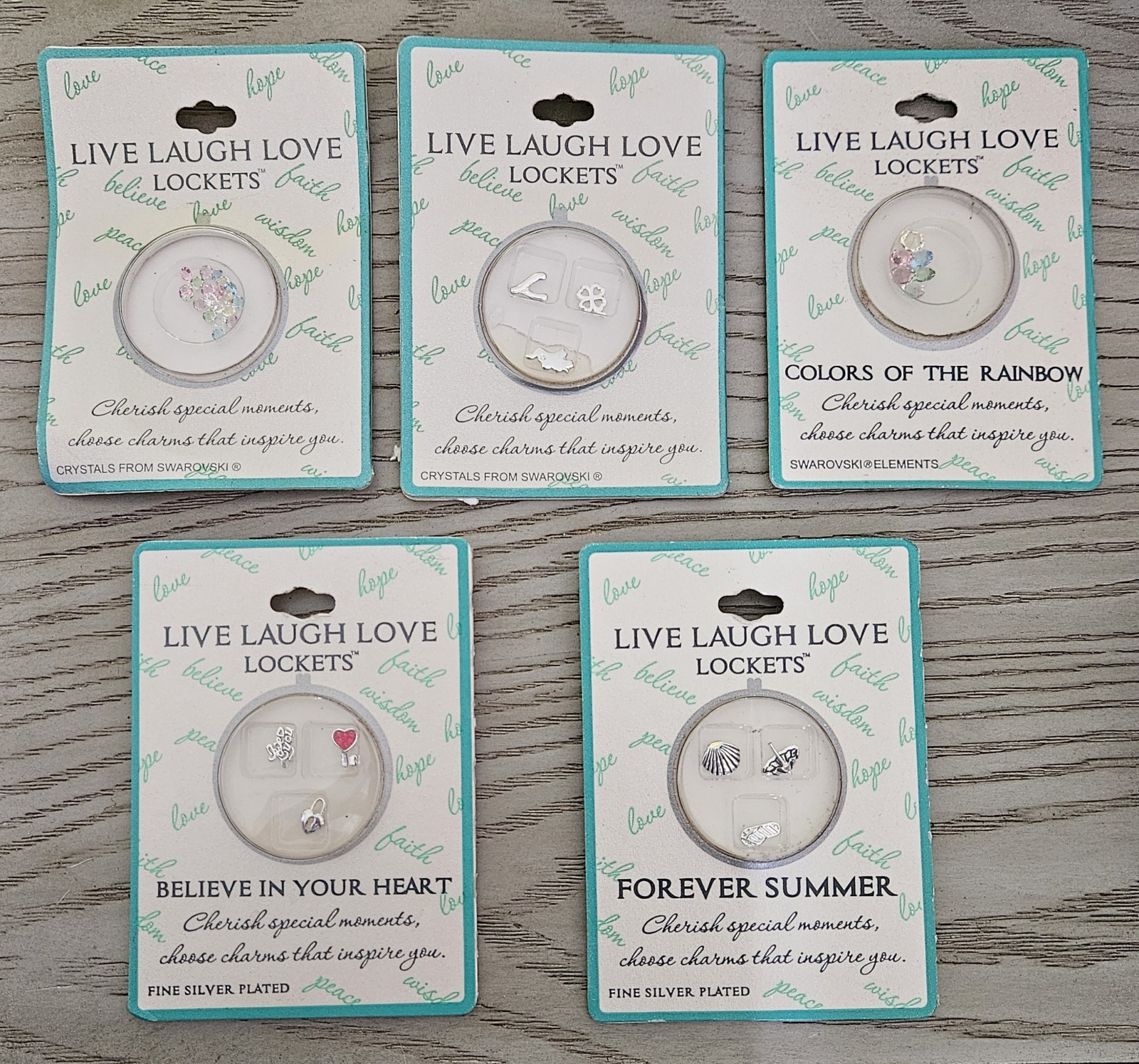New Live Laugh Love Lockets Floating Charms Lot of 5 Packs Swarovski Crystals