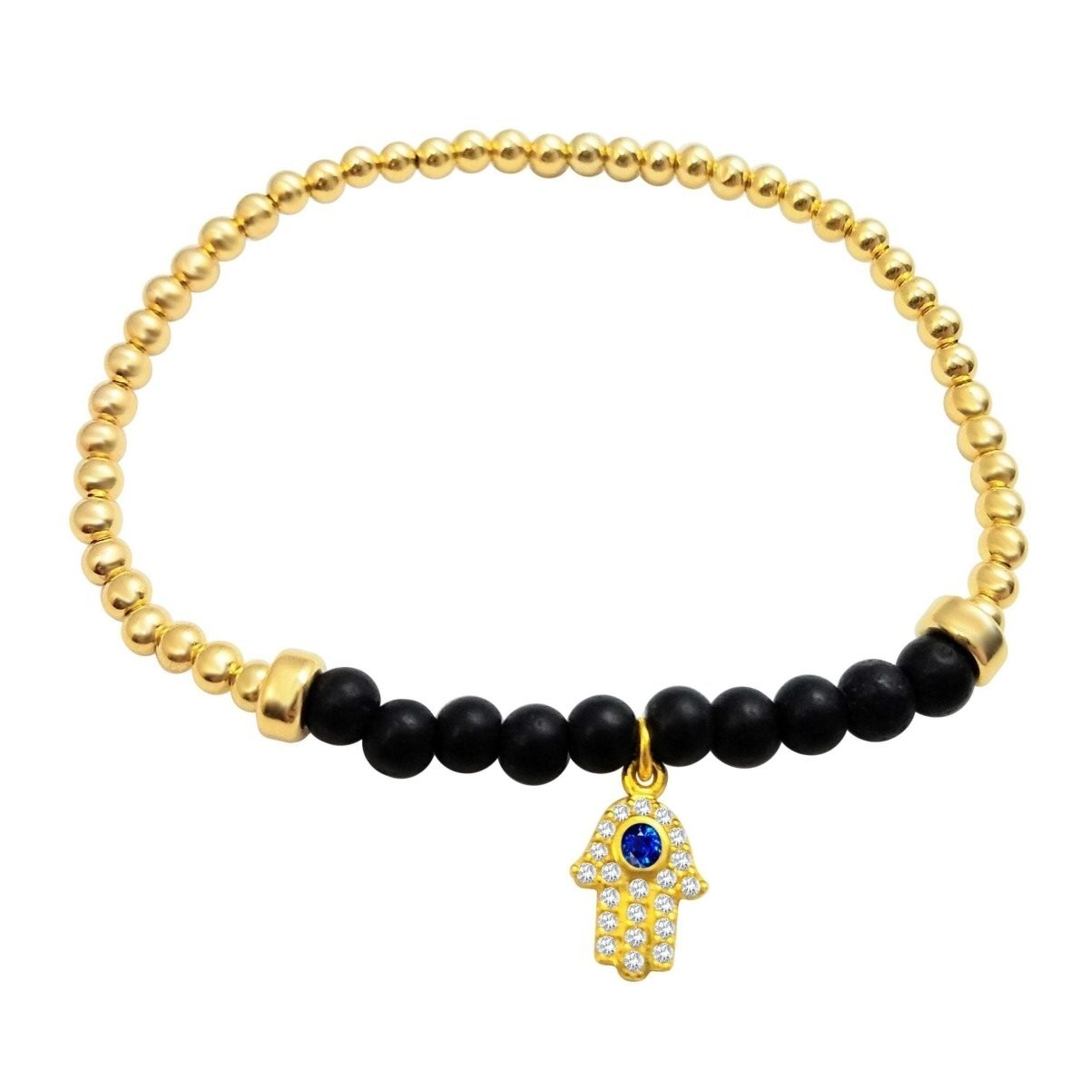 Hamsa Hand Beaded Bracelet 14K Gold Filled CZ Gemstone 6.75″ Lucky Charm