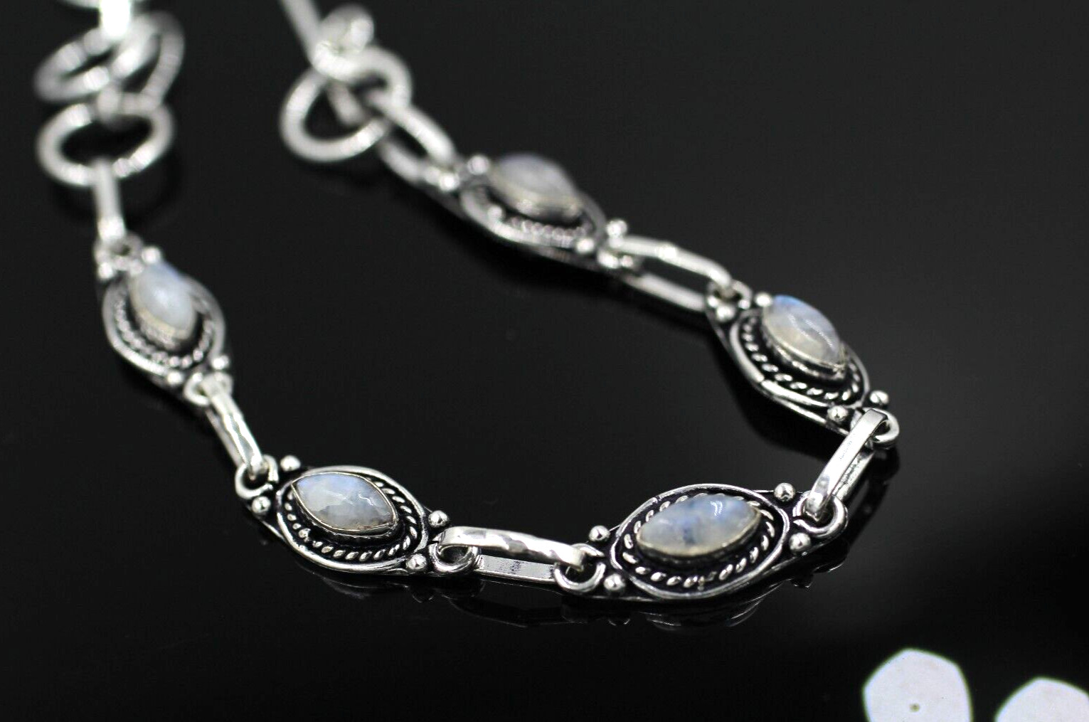 Natural White Moonstone Bracelet Silver Overlay Brass Fashion Bracelet 8″ Inches