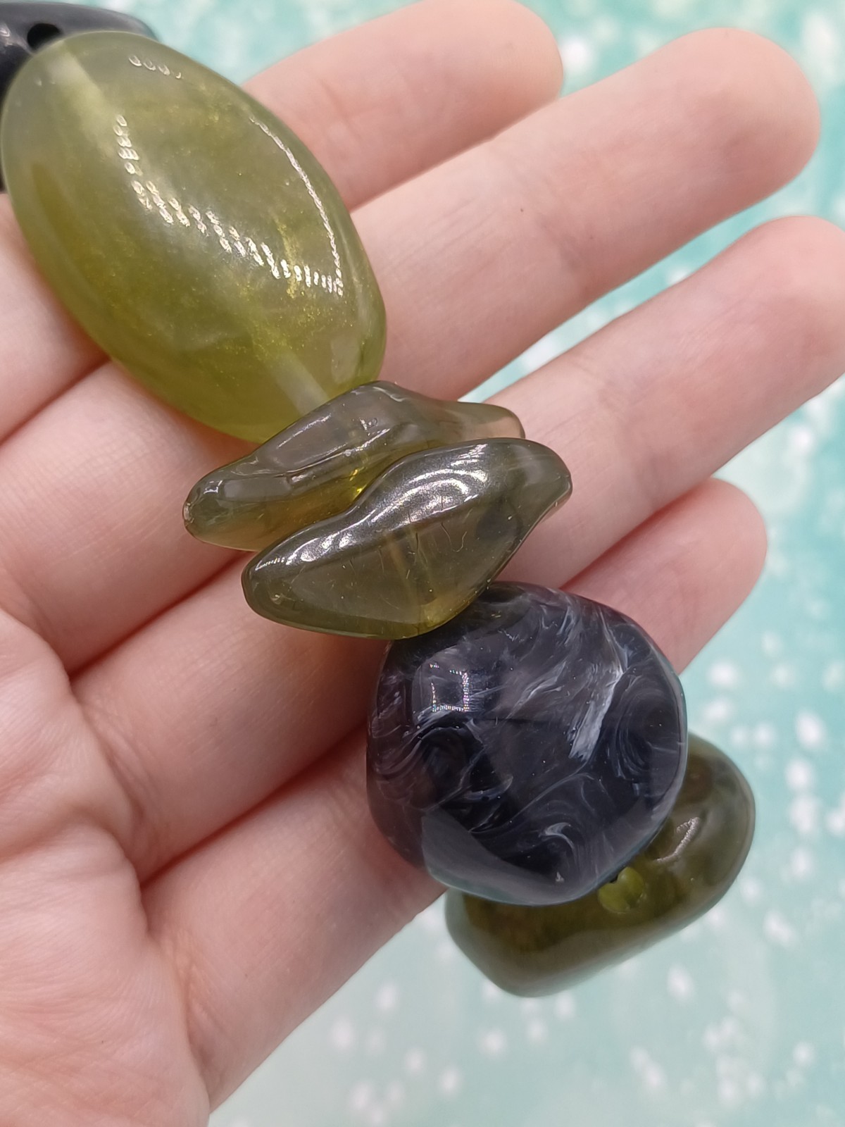 Chunky Green And Grey/Black Mixed Shaped Beaded Elasticated Stretch Bracelet