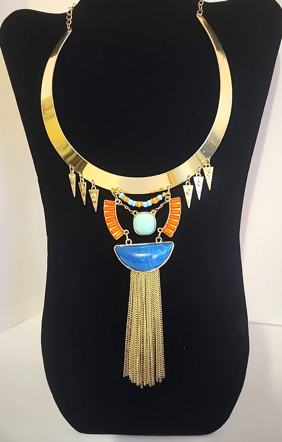 Blue and Orange Necklace Boho Tribal Gold Tone Rigid Base Fringe Tassle