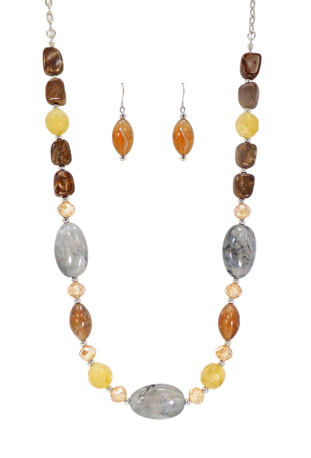 Multicolor Neutral Bead Necklace Earring Set Brown Beige Gray Statement jewelry