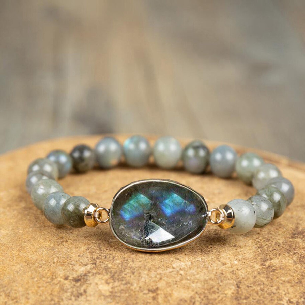 Handmade Natural Labradorite Elastic Stretch Bracelet with Labradorite Raw Stone