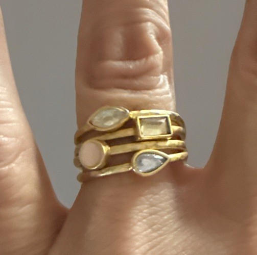 Vera Bradley Ring Stack Hammered Satin Gold Neutral Stones (Set of 4) Boho