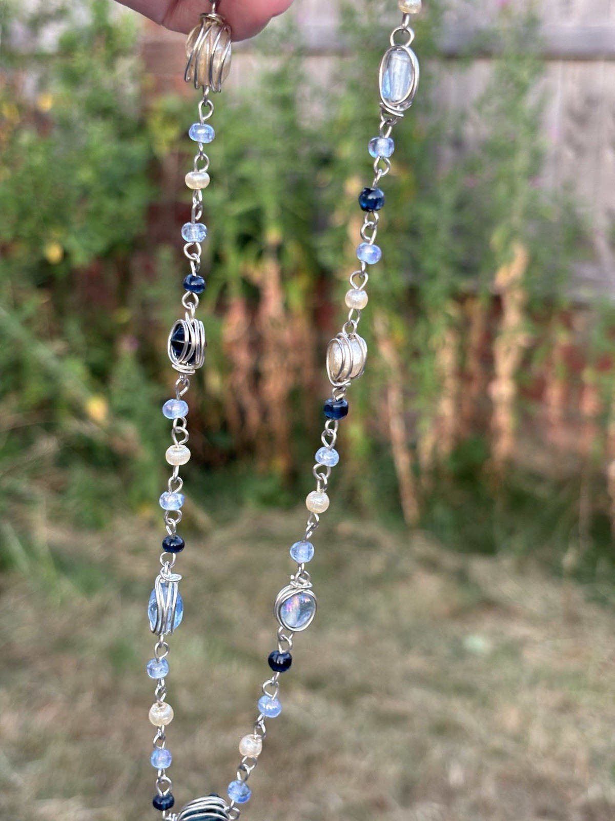 Handmade Style Blue Beaded Necklace Opalite Effect Wire Wrapped Boho Festival
