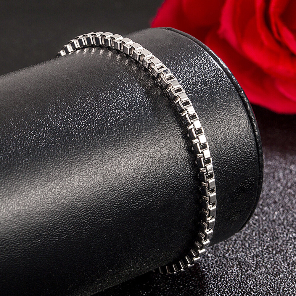 Solid 925 Sterling Silver Women’s 3mm Italian Venetian BOX Chain Link Bracelet