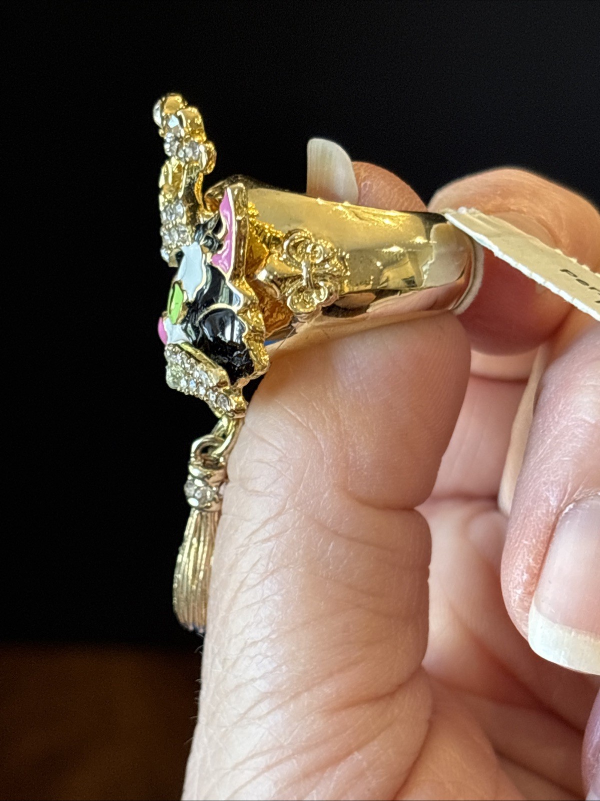 Ritzy Couture Enamel Princess Kitty Rhinestone Crown Ring, Goldtone – Size 8