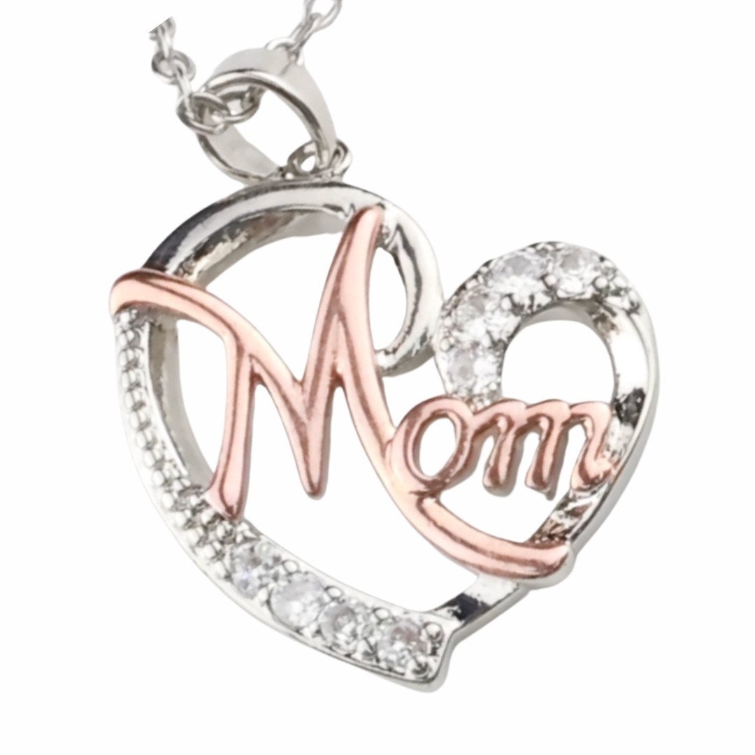 Two Tone Mom Heart Necklace Silver And Rose Gold Pendant Cubic Zirconia 1363