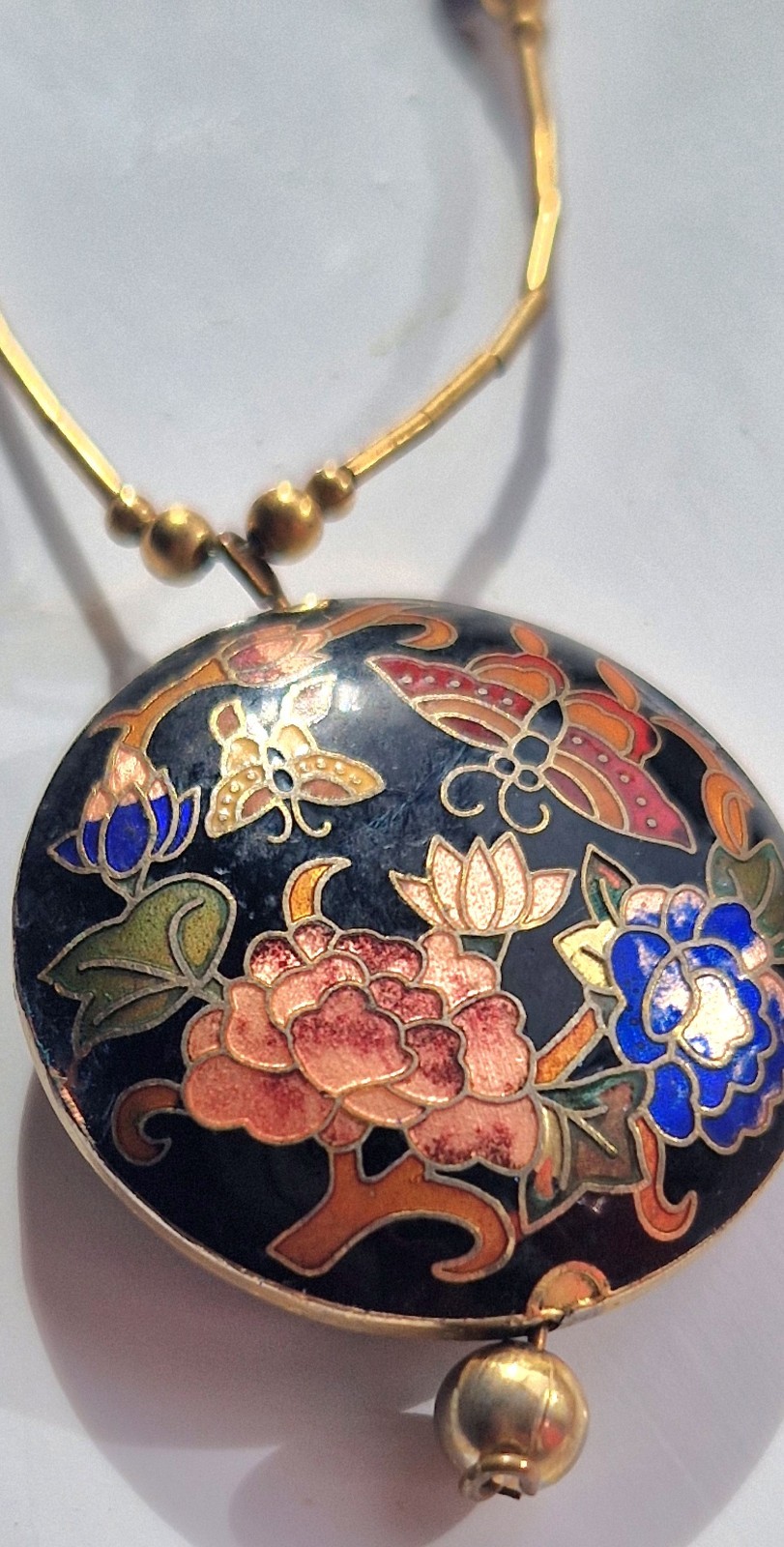 Vintage Gold-Tone Cloisonné Necklace Round Floral & Butterfly Enamel Pendant