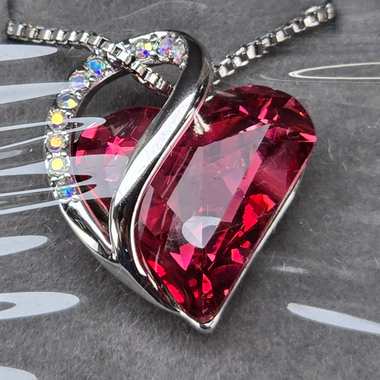 Heart Necklace Red Crystal Rhinestone Statement Silver Tone 18-20 In