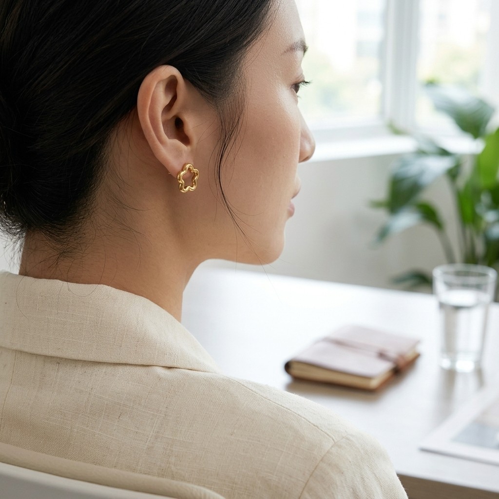 Gold Tone Stainless Steel Open Flower Stud Earrings Minimalist Clover Earrings