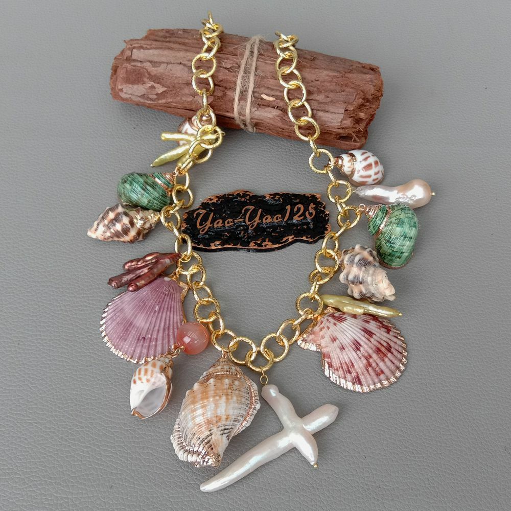 19″ Multi Sea Shell Pearl Chain Necklace Summer Beach Jewelry
