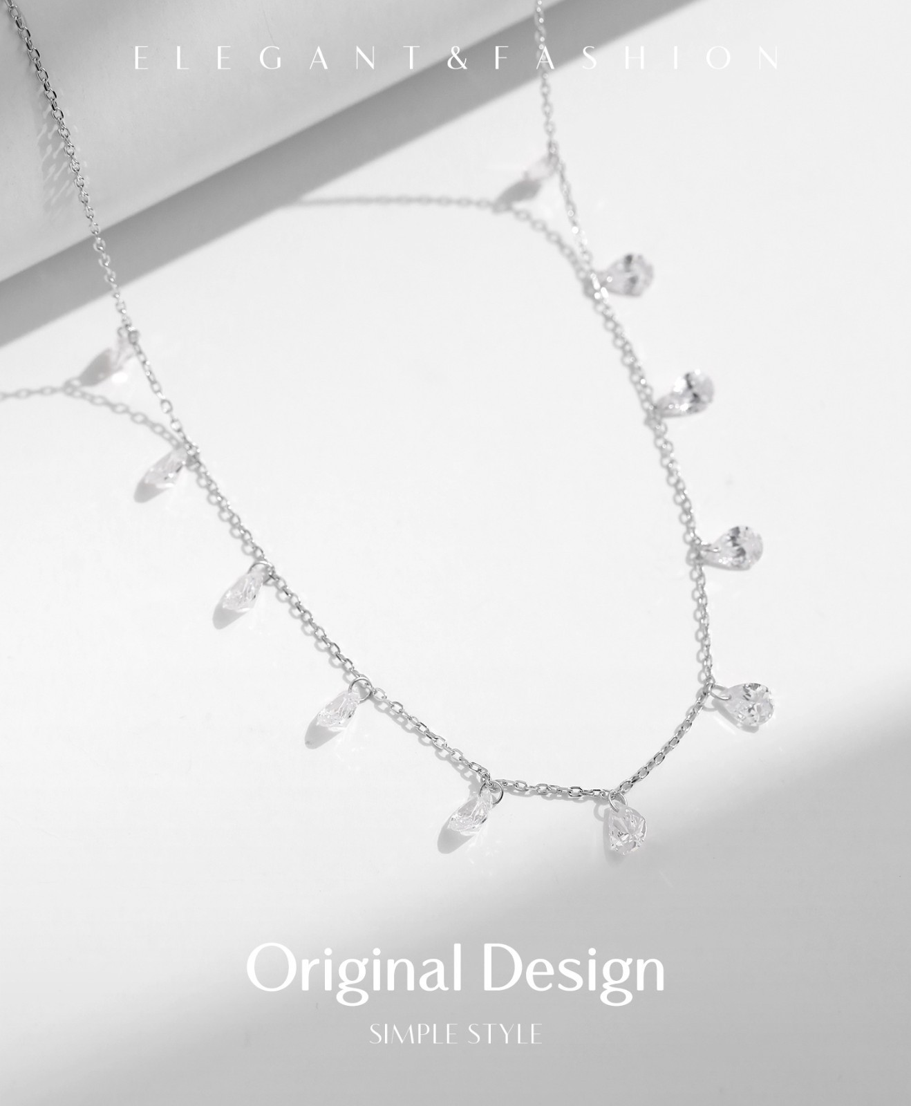 925 Sterling Silver CZ Teardrop Station Choker Necklace for Women