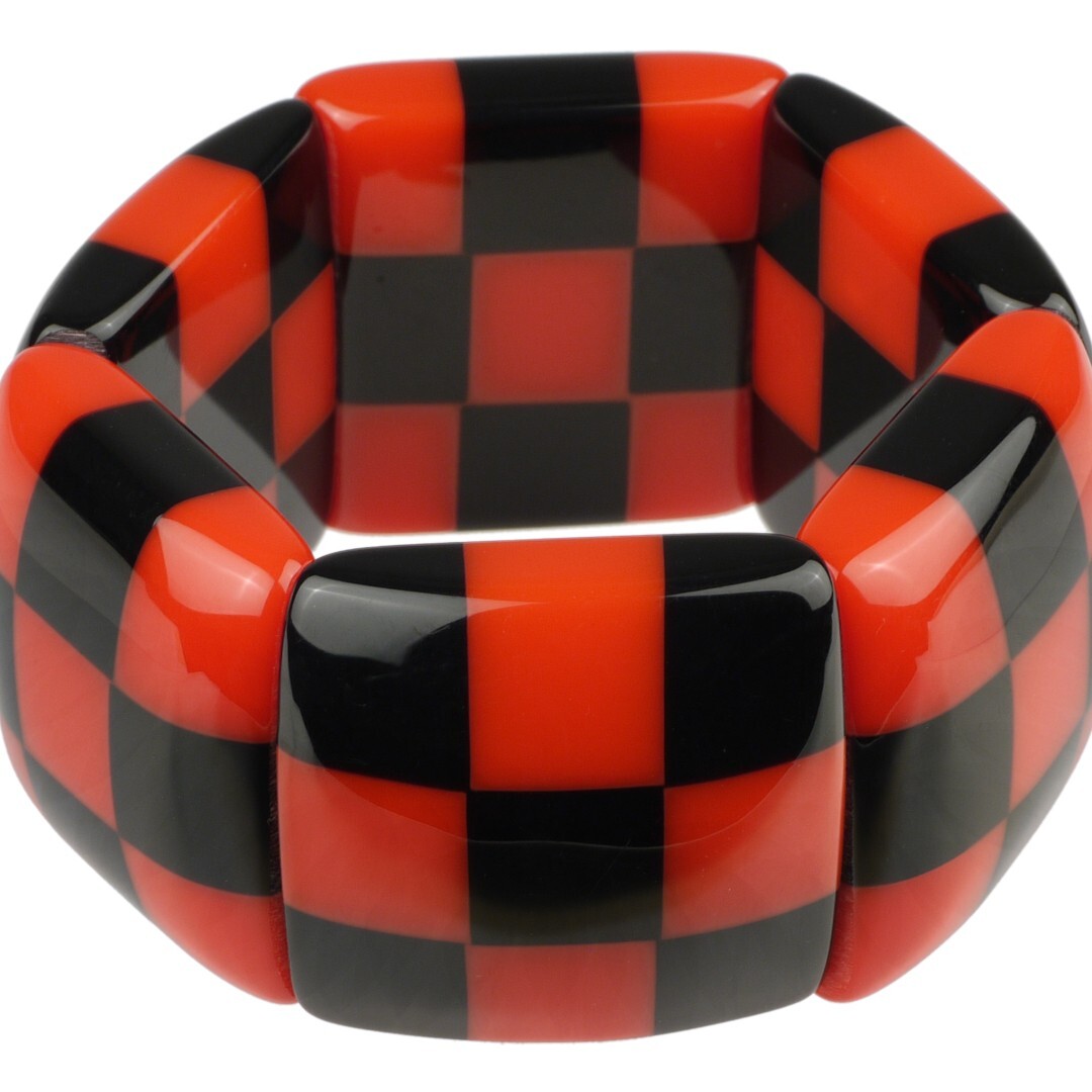 MARION GODART PARIS Wide Stretch Bracelet Checkered Black & Red Resin France