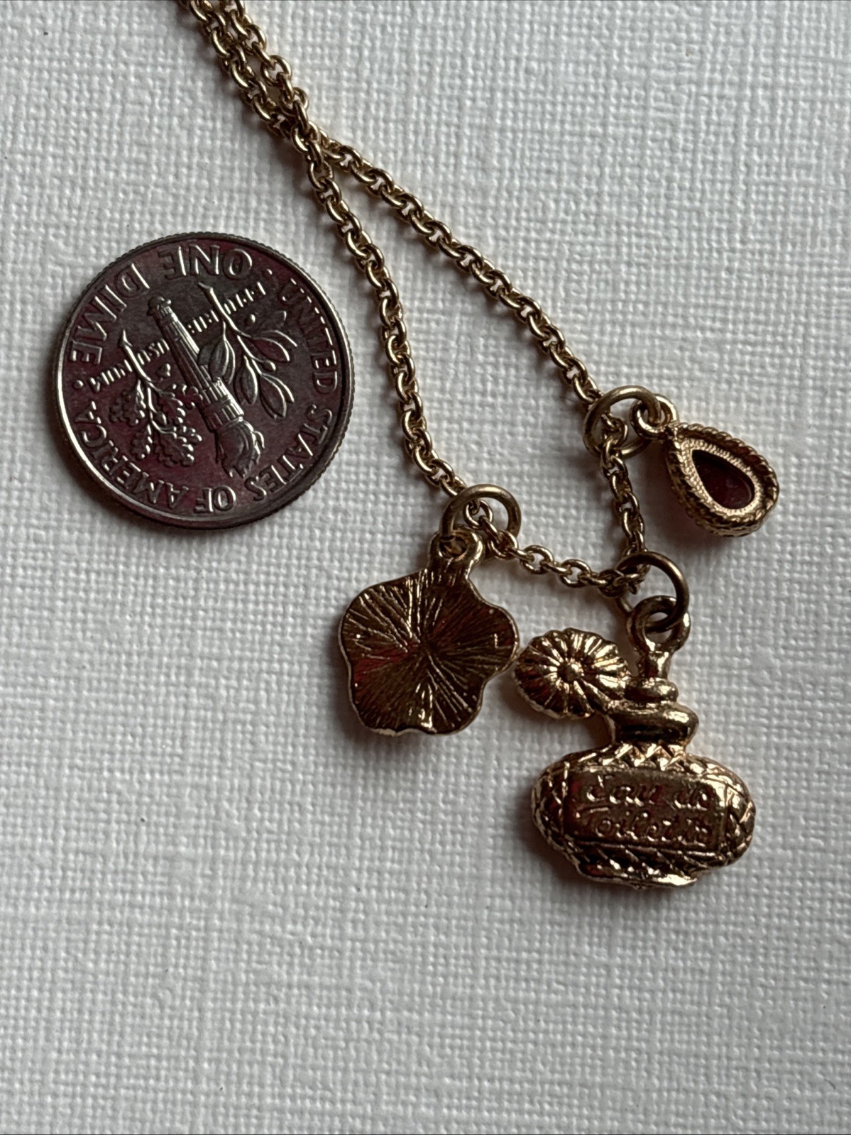 Miriam Haskell 3 Charm Necklace 18-20” Long, Perfume Bottle, Flower Pink Gem