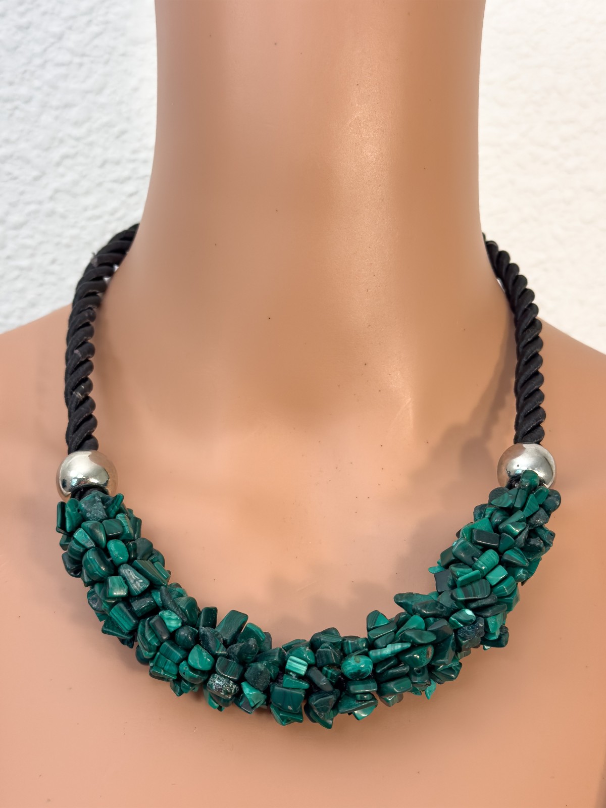 Twisted Natural Uncut Green Malachite on Thick Rope Cord Necklace