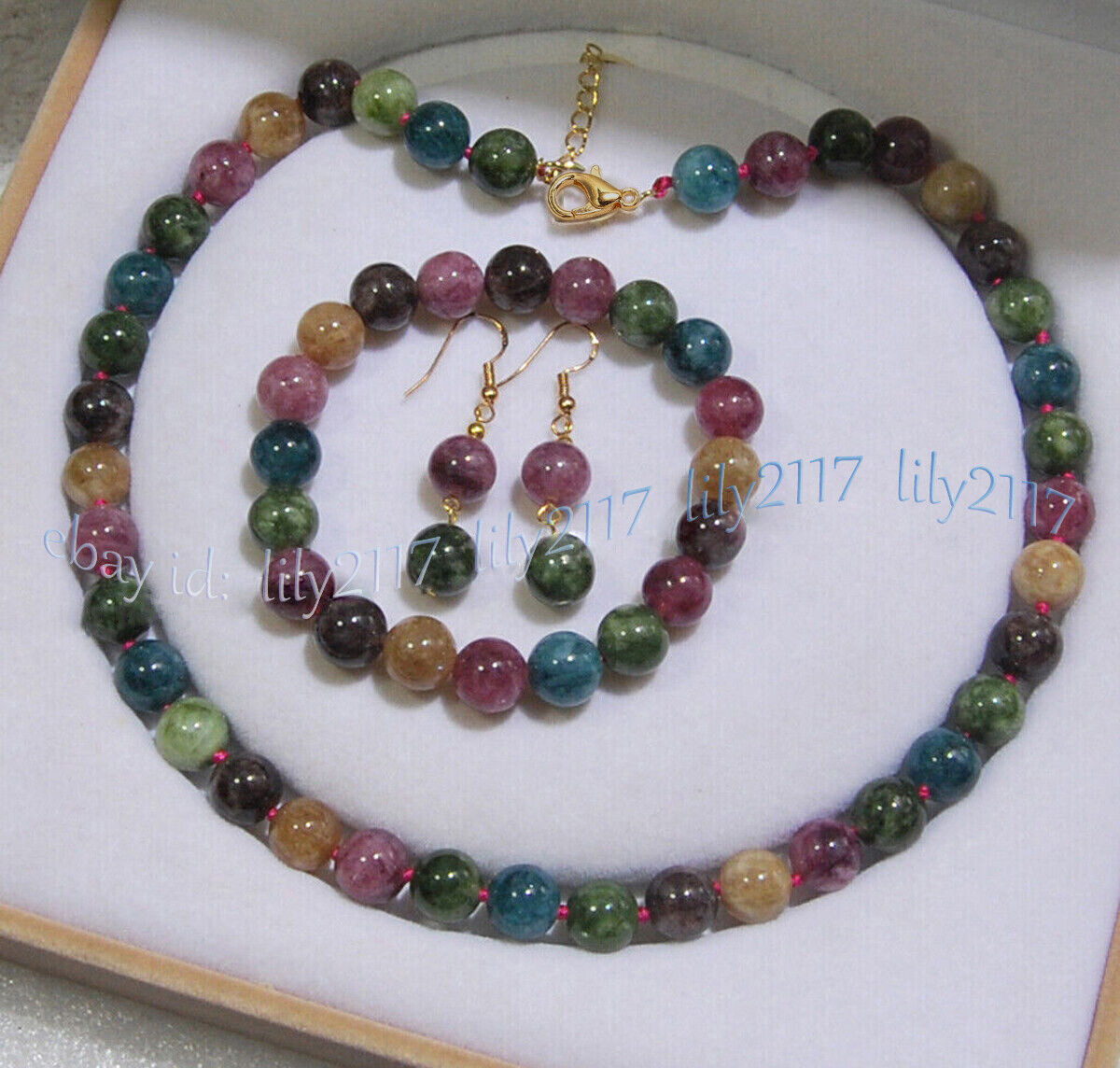 Natural Multicolor Tourmaline Round Gemstone Beads Necklace Bracelet Earring Set