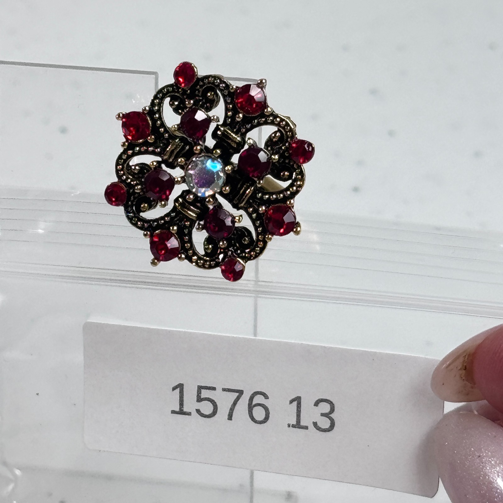 Brooch Red Rhinestone Aurora Borealis Floral Gold Tone Layered Flower 1576-13