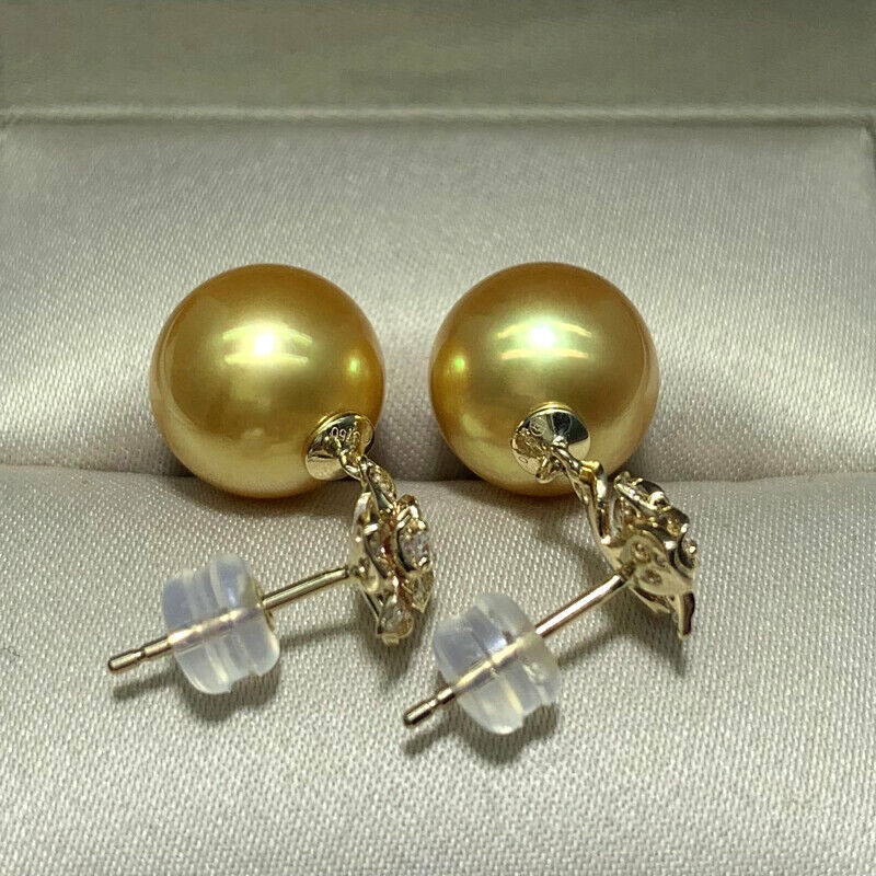 Gorgeous AAAAA 10-11mm Round south sea Golden pearl earring 925s