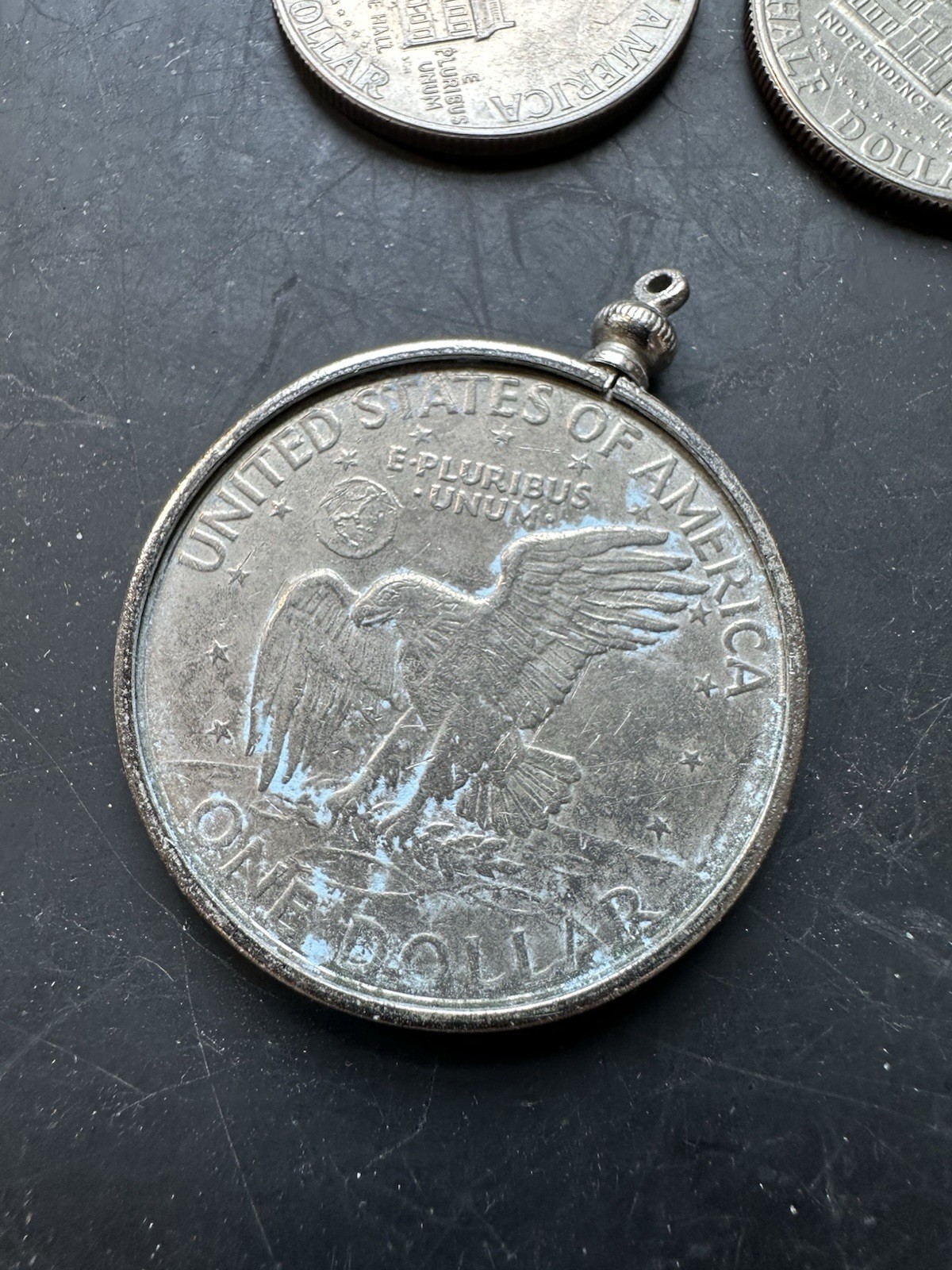 1972 Ike Dollar Pendant & 1976 JFK Half Pendant & 4 Kennedy Bicentennial Coins