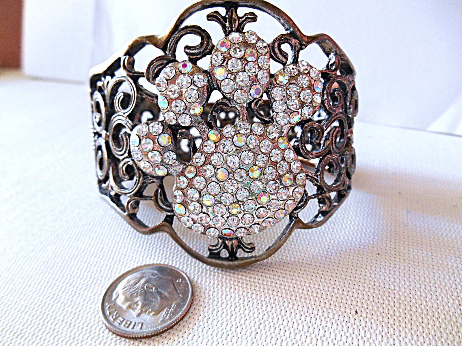 Large Bronzetone & AB Rhinestone Paw Print Clamper Bracelet