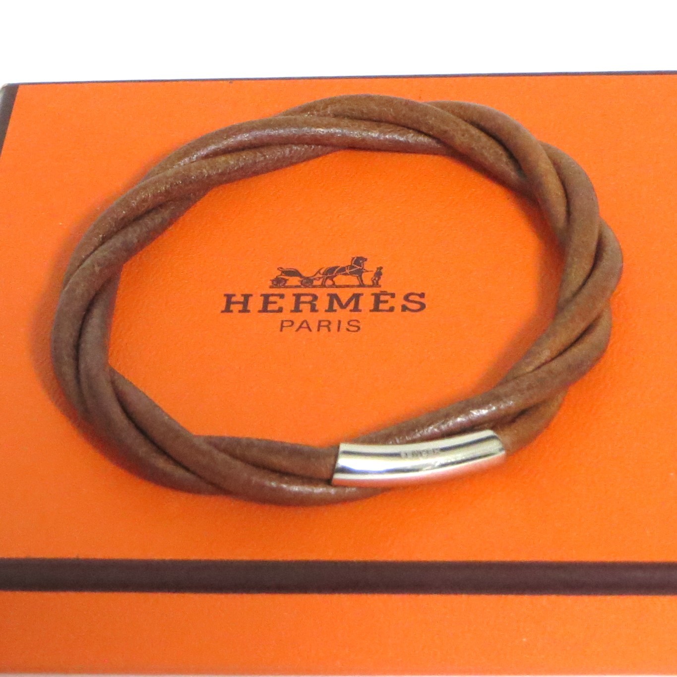 Authentic HERMES Tornado Bangle Bracelet Brown Leather 17.3cm/6.8″ in Box