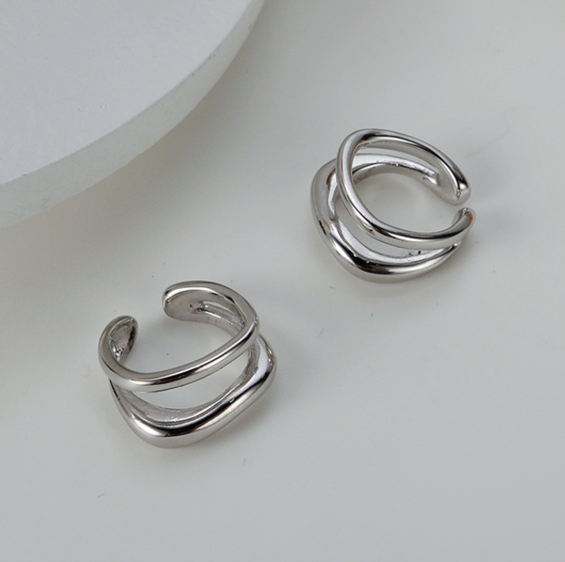 A Pair 925 Sterling Silver Gold Plated Double Lines Ear Cuff Earrings Women TH6