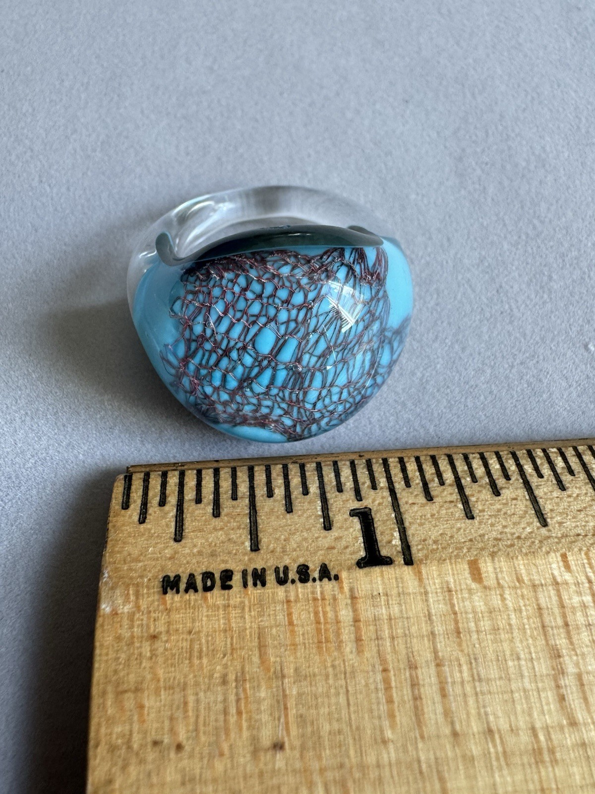 Bohemian Hand Blow Art Glass Ring Turquoise Dome Clear Lace Web Design Statement