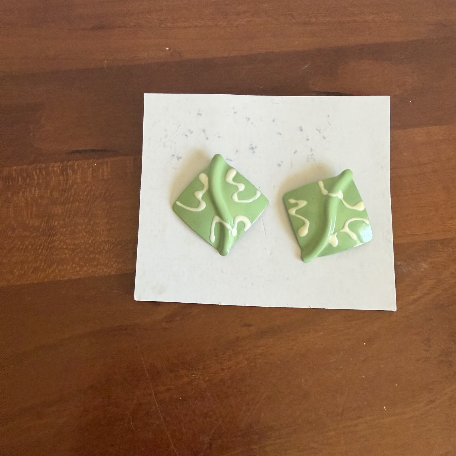 Lime Green Leaf Shape Craft Tile Stud Earrings Pop Art Style