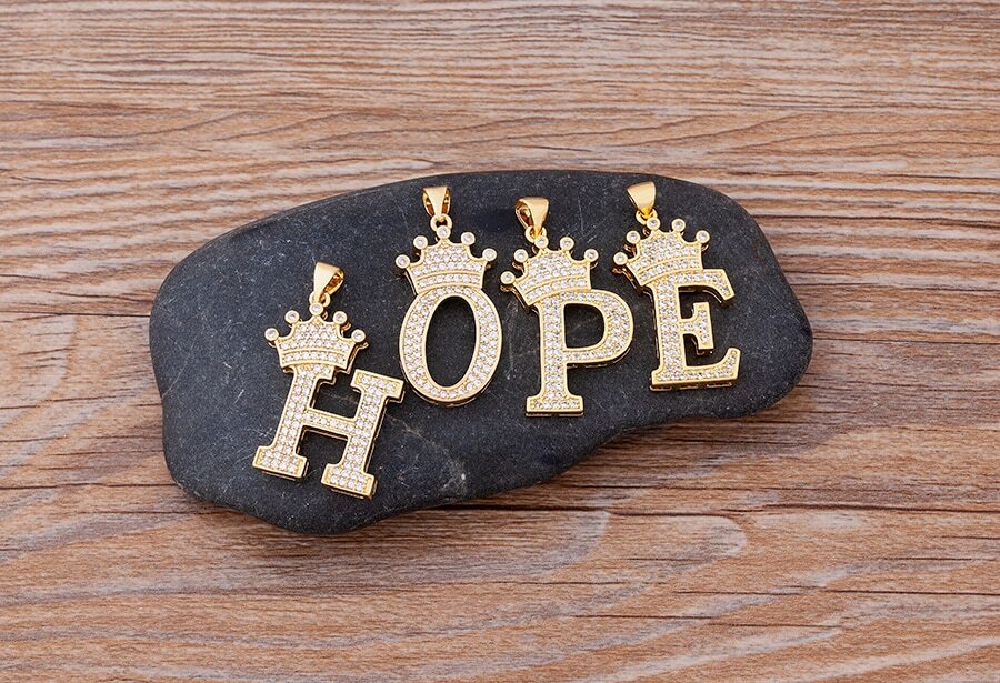 Hip Hop Fashion Jewelry Gold CZ Crown Letter Initial Pendant Necklace 1-165