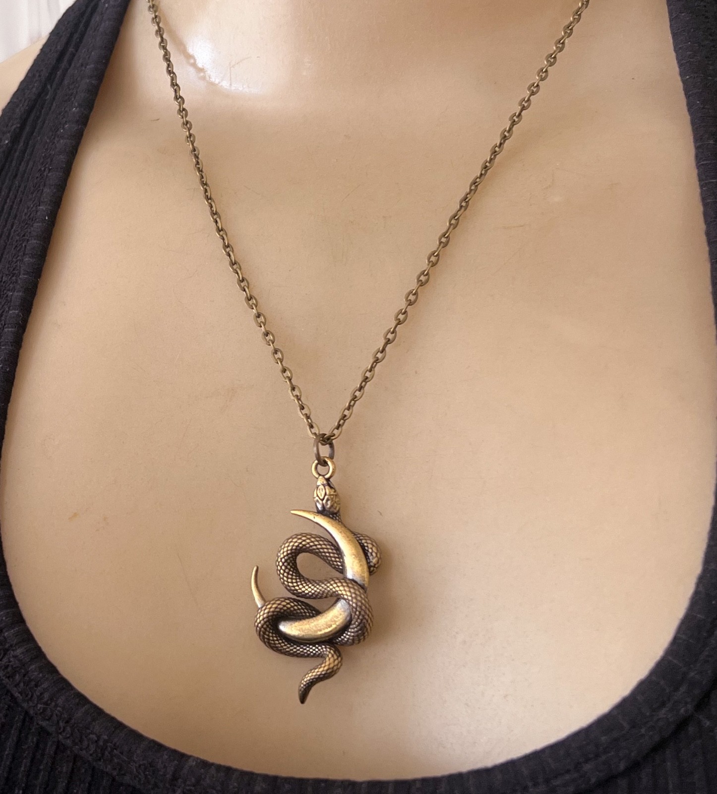 Serpent Moon Necklace Brass Snake 3d Pendulum Pendant Egyptian Revival Jewelry