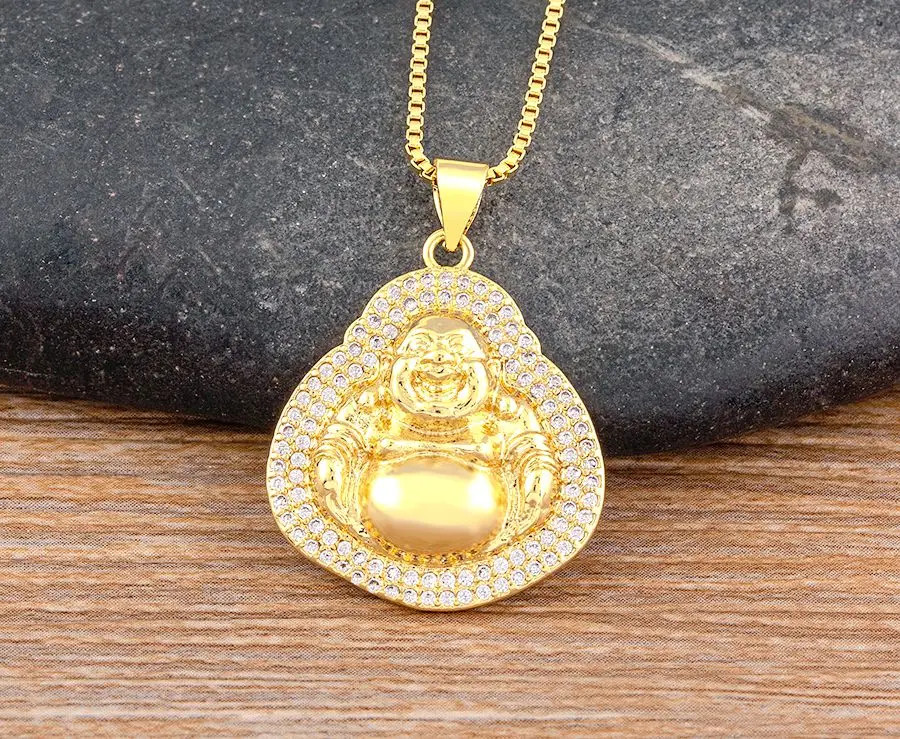 Nidin Classic Exquisite Maitreya Buddha Pendant Necklace Inlaid Shiny Zircon Cry